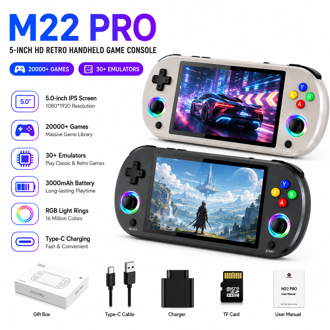 Party Games Uk - M22PRO Pocket Handheld Game Device64GB20000+Classic 2D3D